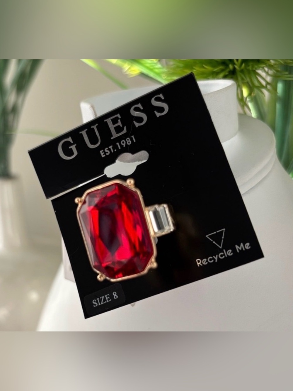 Guess Large Beveled rectangle red gemstone,clear baguette stones sides Goldtone